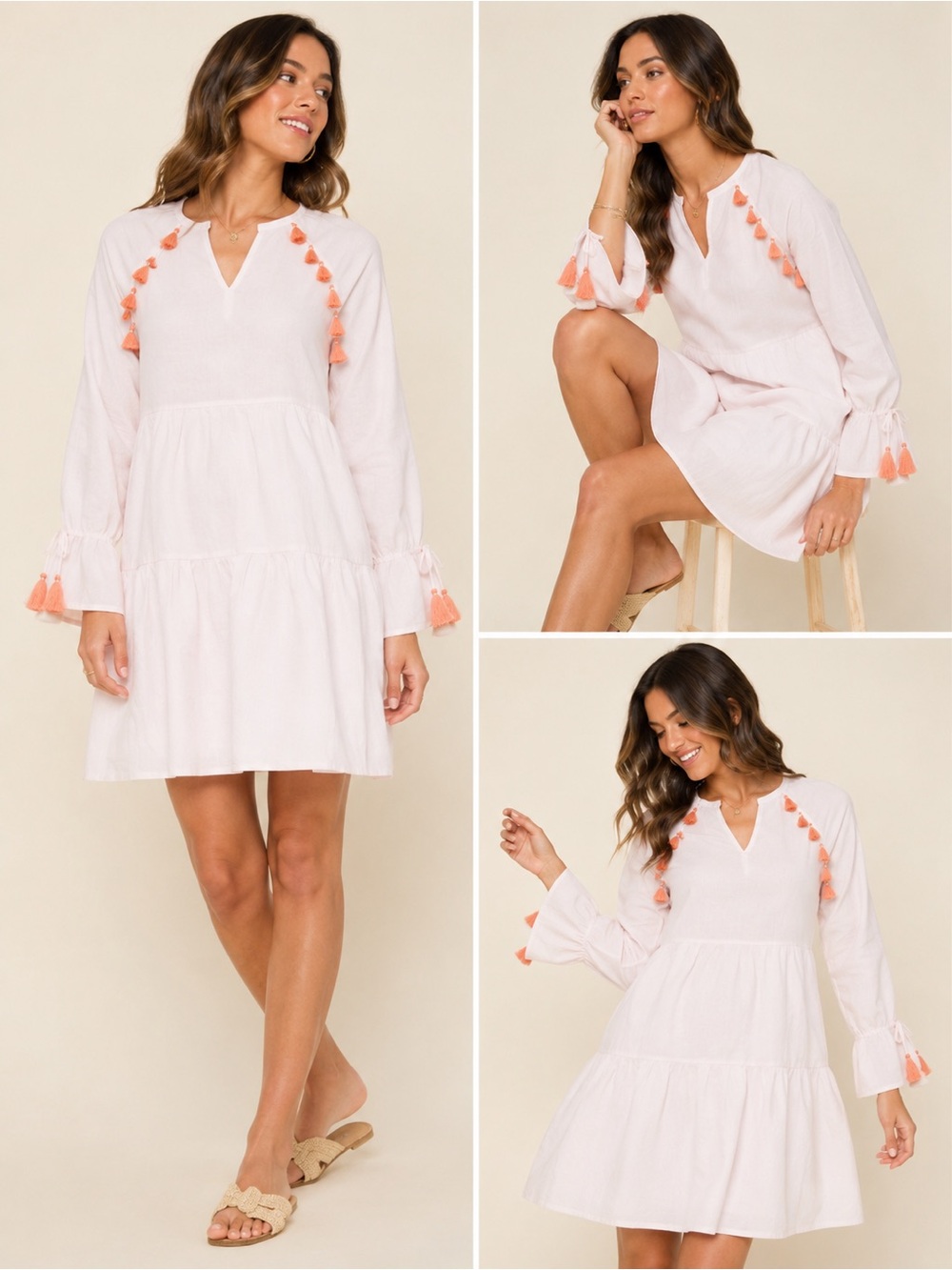 Spartina 449 Ellis Barley Blush Linen Dress Women L Pink Tassel Pockets